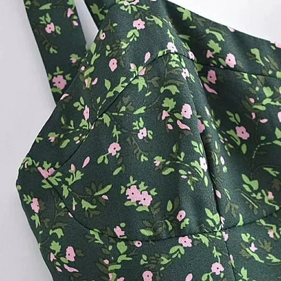 Green Floral Sweetheart Neck Chiffon Dress with Ribbon Straps - Picture 9 of 16